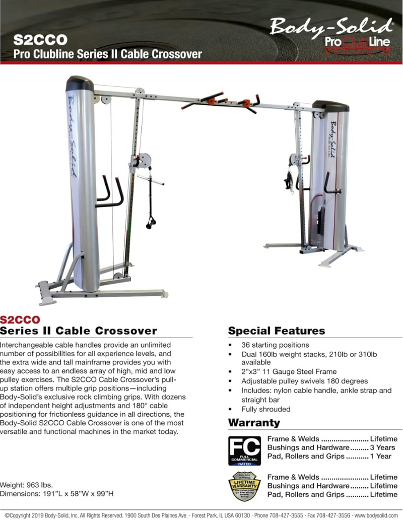 Body-Solid (S2CCO-1) Pro Clubline Cable Crossover Column Machine with 160 lbs. Dual Weight Stack for Fitness Workouts, Adjustable Pulley Cable Workout Machines for Strength Training